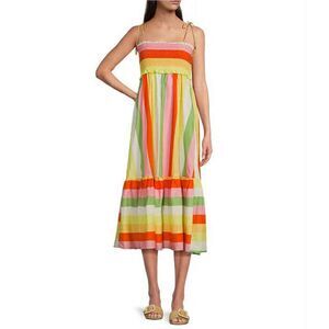 J Marie Emery Adjustable Beaded Tie Strap Ruched Bust Rainbow Maxi Dress, size L